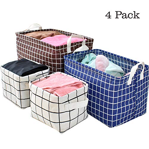 4 Pack Storage Cube Basket Bins, Rectangular Foldable Cloth Containers Organizer with Carry Handles for Linens, Towels, Toys, Drawers, Home Closet, Shelf, Nursery, Cabinet