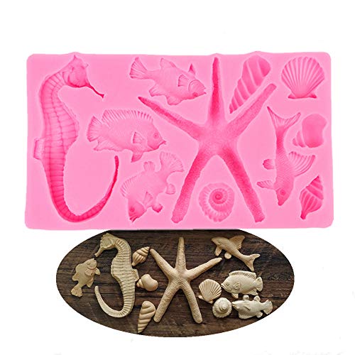 BakingWorld Seashell Silicone Fondant Mold,Seahorse Starfish Shells Conch Fish Cake Fondant Mold for Marine Mermaid Wedding Birthday Thene Party Cake Decoration