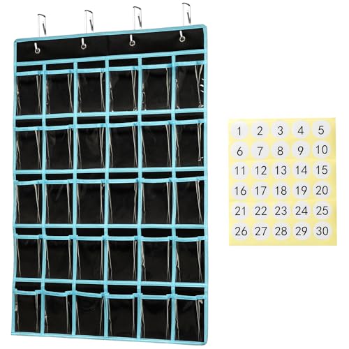KEEPJOY Classroom Pocket Chart Organizer, Cell Phones Calculator Holder for Classroom Storage, Hanging Wall Door Calculator Phone Caddy for Classroom .(30 Pockets-Black)