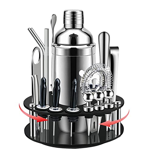X-cosrack Bar Set,19-Piece Stainless Steel Cocktail Shaker Bar Tools,with Rotating Display Stand and Recipes Booklet,Premium Bartending Kit for Home,Bars,Traveling and Outdoor Parties