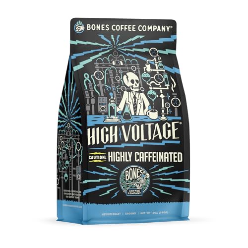 Bones Coffee Company High Voltage Coffee Medium Roast Low Acid, Highly Caffeinated, Unflavored 12 Oz Ground