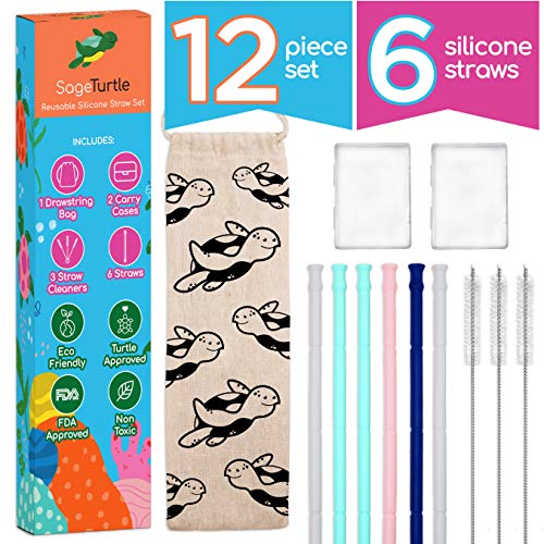 SageTurtle Collapsible Reusable Silicone Straws - 12 Pc Set - Portable Straw - Carrying Case - Cleaning Brush - Reusable Straws with Case - Travel Straw - Folding Straw - Reusable Straws Collapsible