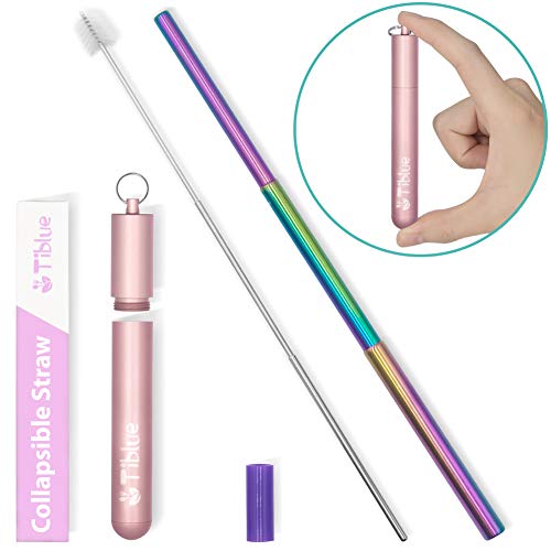 Reusable Collapsible Straw, Rainbow 9.25'' Telescopic Stainless Steel Metal Straw, Portable Drinking Straw perfect for Hot Drink, Coffe, Smoothie, Juice, Milkshake - Great Christmas Gifts for Family