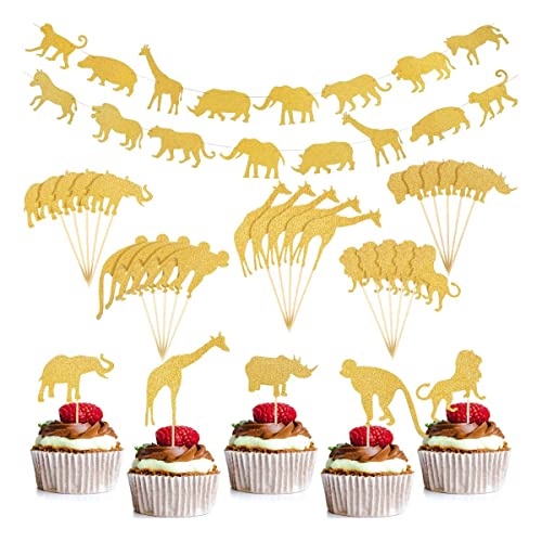 30 Pieces Woodland Animal Cupcake Toppers Cake Decorations and 2 Pieces Gold Glitter Animal Banner Jungle Safari Zoo Garland for Baby Showers Wedding Birthday Party Supplies