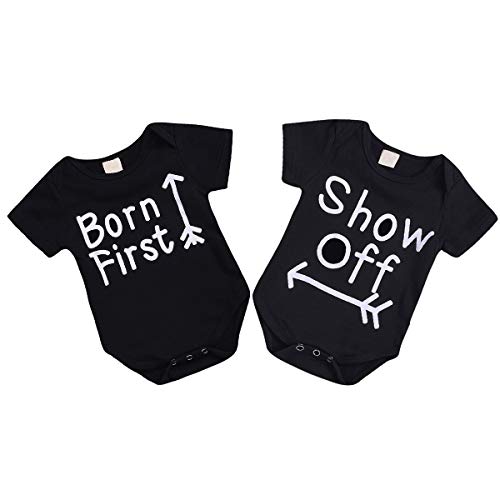 Twins Siblings Baby Boy Girl Romper Born First Show Off Matching Print Short Sleeve Bodysuit Outfits (0-3 Months, Black)