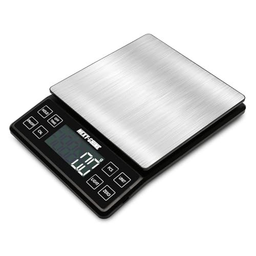 Food Kitchen Scale NEXT-SHINE Rechargeable Digital Scale with LCD Backlit Display and Protective Tray, 5kg x 0.1 for Baking Cooking Meal Prep Parcel, Large Stainless Steel Weighing Platform
