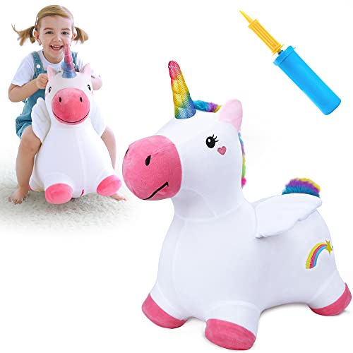 iPlay, iLearn Unicorn Bouncy Horse Plush, Outdoors n Indoors Ride On Hopping Animal Toys, Inflatable Hopper, Unique Activity Riding Gifts for 18 Months, 2, 3, 4, Year Olds Kids Toddlers Girl ï¼Ë†W/ Pumpï¼â€°