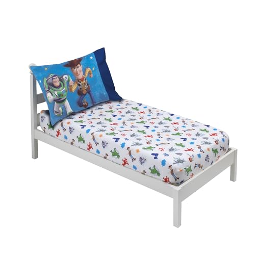 Disney 2 Pack Toddler Fitted Crib Sheet & Standard Size Pillowcase Set, Toy Story 4, Blue, Green, Red, White