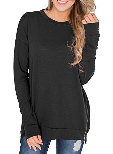 Asvivid Womens Comfy Zipper Sweatshirt Tops Lightweight Crewneck Juinors Cotton Baggy Pullover Blouses L Black