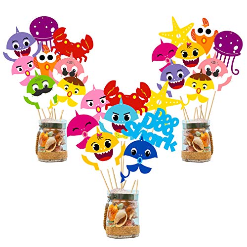 Ticiaga 42pcs Doo Doo Shark Party Centerpiece Sticks Table Topper for Birthday Party Decoration, Double Sided Little Shark Cake Topper, Photo Booth Props, Cute Shark Party Favor Supplies