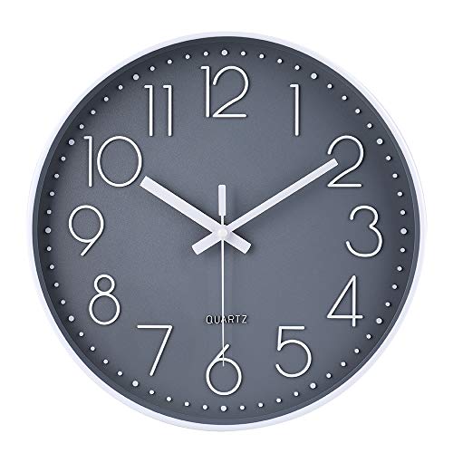12 Inch Non-Ticking Wall Clock Silent Battery Operated Round Wall Clock Modern Simple Style Decor Clock for Home/Office/School/Kitchen/Bedroom/Living Room (Gray)