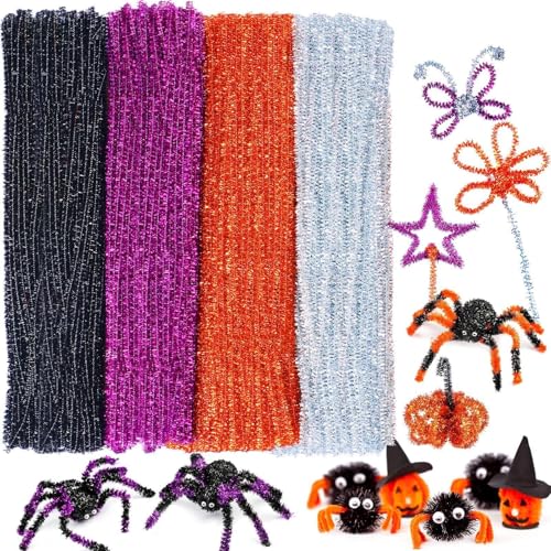 400 Pieces Halloween Pipe Cleaners Craft Pipe Cleaners Glitter Chenille Stems Creative Arts Chenille Stems for DIY Craft Halloween Thanksgiving Decoration, 12 Inches (Black, Purple, Bronze, Silver)