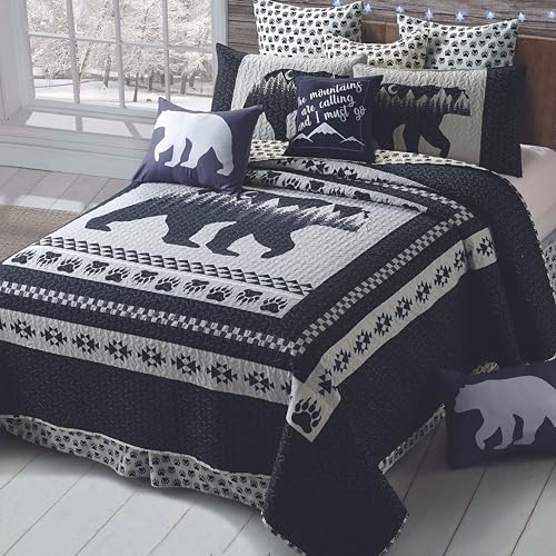 Virah Bella 3 Piece King Lodge Quilt Bedding Set - Moon Bear - Rustic Cabin Country Reversible Camping Comforter Set with Decorative Pillow Shams, Black/White
