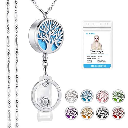 SAM & LORI Retractable Lanyards for Id Badges Keys Women Cute Employee Teacher Appreciation Gifts Beaded Lanyard Badge Holder Badge Reel Necklace Silver Nurse Graduation Essential Oil Tree of Life
