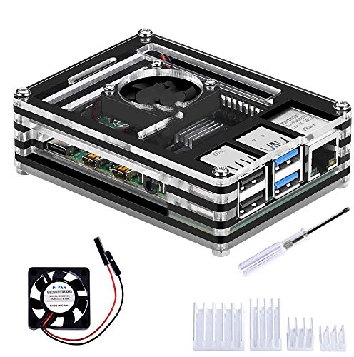 GeeekPi Coque en Acrylique pour Raspberry Pi 4 modèle B avec Ventilateur de Refroidissement pour Raspberry Pi 4 modèle B (Uniquement pour Pi 4) Noir/Transparent