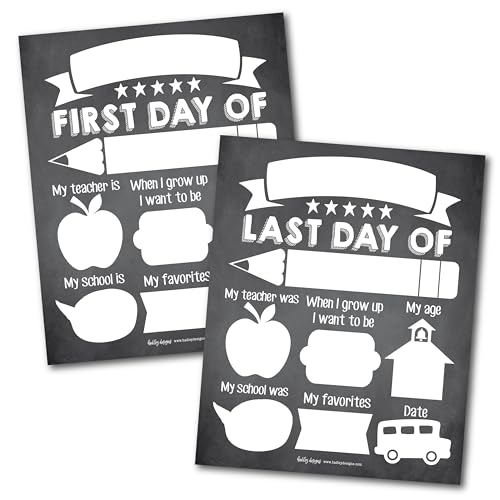 10 First and Last Day of School Interview Signs, Back Photo Booth Prop Chalkboard Style, 1st Preschool, Kindergarten, Pre K Grade Sign, Reusable Reversible Girl Boy Kid Child Year 8x10 Card Stock