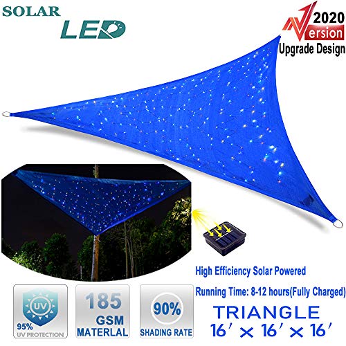 Hsuner Sun Shade Sail 16' x 16' x 16' Awnings for Patio Cover with Waterproof Solar Starry Sky Fairy Lights for Triangle Canopy UV Block Outdoor and Wine Party(Colored Lights)