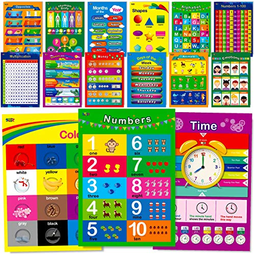 SpriteGru 15 affiches éducatives, alphabet, formes, couleurs, nombres 1-100, table de multiplication, jours de la semaine, mois de l'année, argent, émotions