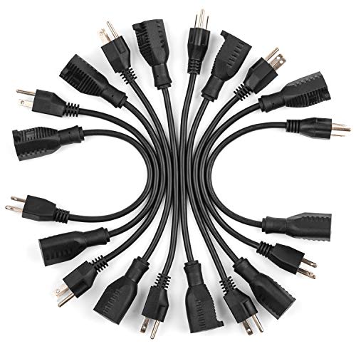 1ft Mini Extension Cords - Short Power Strip/Adapter Cable, 3 Prong Plug, 16AWG 13A (10 Pack, 1 Foot)