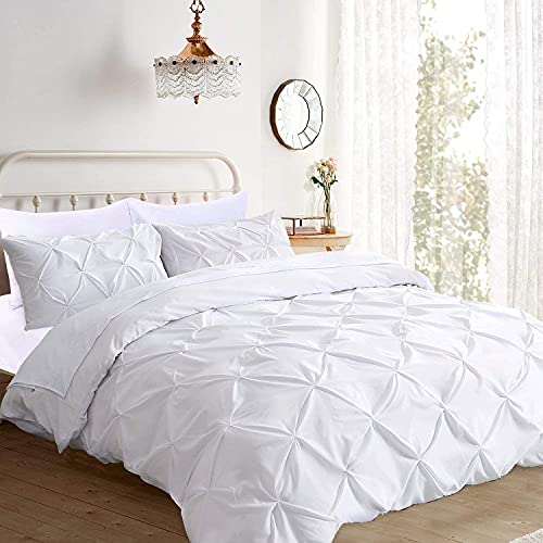 Pinch Pleated 3pc Duvet Cover Set 100% Egyptian Cotton 1000 Thread Count Zipper & Corner Ties Rectangle Pattern Decorative Pintuck Pillow Shams (120X98 Oversize King, Pure White Solid)