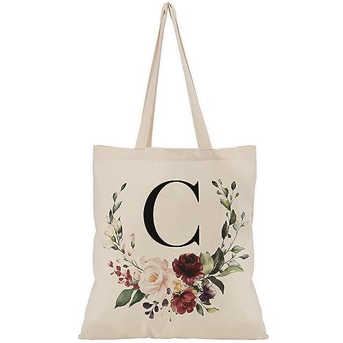 Personalized Floral Initial Cotton Canvas Tote Bag for Events Bachelorette Party Baby Shower Bridal Shower Bridesmaid Christmas Gift Bag | Daily Use | Totes for Yoga, Pilates, Gym, Workout | #2 - C