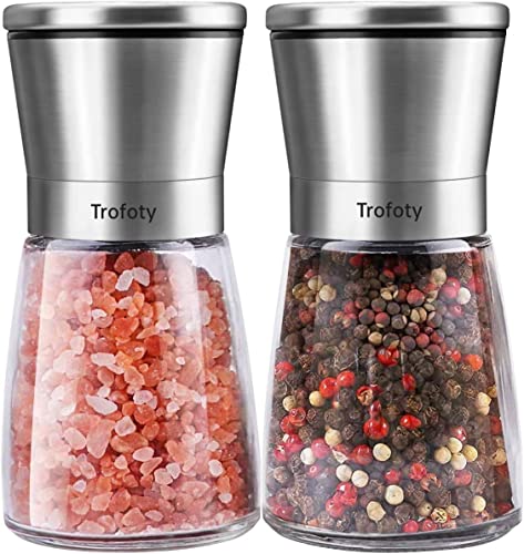 Salt and Pepper Grinder Set, Trofoty Refillable Salt and Pepper Mill Set with Adjustable Ceramic Grinder, Glass body Salt and Pepper Shaker with Stainless Steel Lid, Set of 2