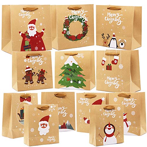 Lulu Home Christmas Gift Bags with Handle, 24 Pieces Kraft Bags with Assorted Christmas Prints, Xmas Gift Bags Large, Medium and Small for Gifts Wrapping