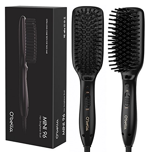 O'Bella Hair Straightener Brush Dual-Voltage 45 Second Fast Heat Up, 28mm Long&High Density Comb Teeth Anion Hair Straightener Brush for Long Curly Hair