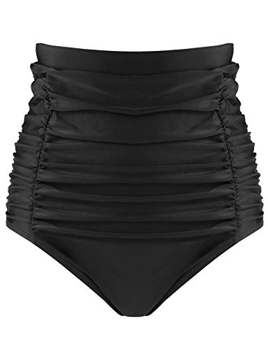 RELLECIGA Women's Black High Waisted Ruched Bikini Bottom Size Large