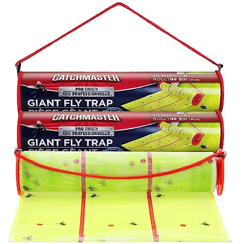 Catchmaster Giant Fly Glue Trap 3-Pack 30 Feet Each, Adhesive Fly Traps Outdoor, Sticky Bug Catcher, Bulk Flying Insect Paper Roll, Pet Safe Pest Control for Garage, Barn, Greenhouse & Garbage Room