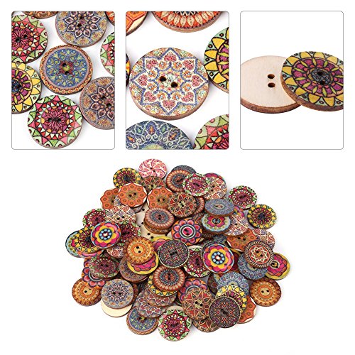 100 Pieces Mixed Color Wooden Buttons, Mixed Pattern Vintage Wood Round Buttons with 2 Holes for DIY Sewing Craft Decorative 25mm