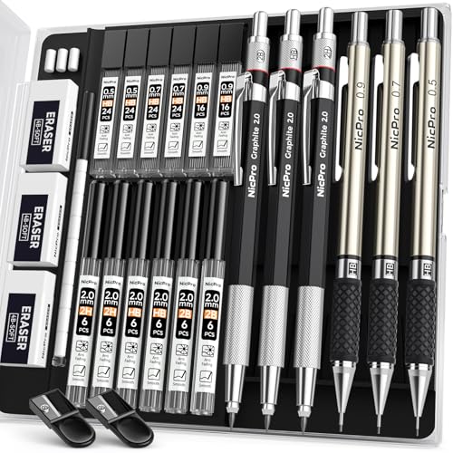 Nicpro 6PCS Mechanical Pencils Set, 3 PCS 2mm Lead Holder (2B HB 2H), Clutch Propelling Drafting Pencil 0.5 mm & 0.7 mm & 0.9 mm for Writing,Sketching Drawing with 12 Tube Lead Refills Case