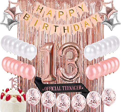 Sllyfo 13th Birthday Decorations Party Supplies Kit - 13th Birthday Gifts for Girls,13th Cake Topper|Banner|sash|Rose Gold Curtain Backdrop Props|Confetti Balloons|Champagne Balloon. (13) (13)
