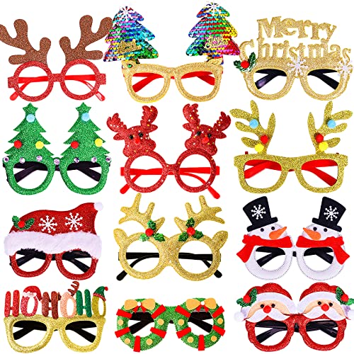 Max Fun 12 Pieces Christmas Glitter Party Glasses Frames with 12 Designs for Christmas Parties, Holiday Favors, Photo Booth (One Size Fits All)