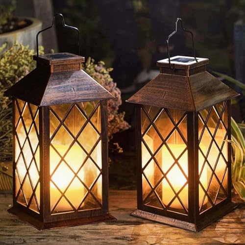 [2 Pack] TAKE ME 14" Solar Lantern Outdoor Garden Hanging Lantern Waterproof LED Flickering Flameless Candle Mission Lights for Table,Outdoor，Mothers Day Gifts Mom Wife