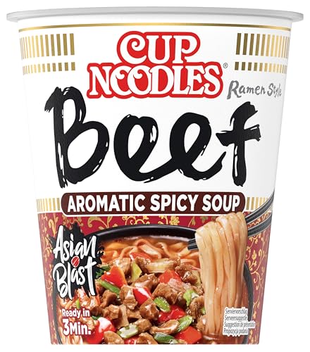 Nissin Cup Noodles – Beef, Einzelpack, Soup Style Instant-Nudeln japanischer Art, mit Rindfleisch-Geschmack & Gewürzen, schnell im Becher zubereitet, asiatisches Essen (1 x 64 g)