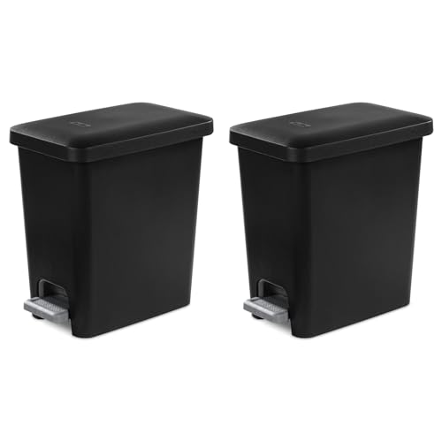 Sterilite 2.7 Gallon Rectangular StepOn Wastebasket with Lid, Small Plastic Trash Can for The Bathroom, Bedroom or Home Office, Pedal and Liner, Black, 2-Pack