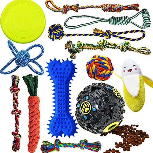 Dog Chew Toys for Puppies Teething, 14 Pack Dog Rope Toys Tug of War Dog Toy Bundle Toothbrush iq Treat Ball Squeaky Rubber Bone Durable Dog Chew Toys for Small Dogs Pet Toys Puppy Toys