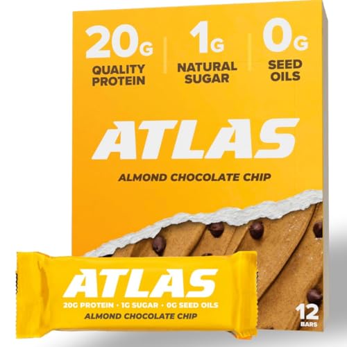 Atlas Protein Bar, 20g Protein, 1g Sugar, Clean Ingredients, Gluten Free - Almond Chocolate Chip, 12 Count