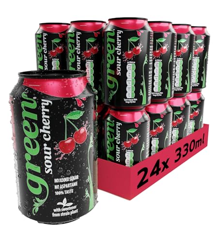 Green Sour Cherry - Low Calorie Soft Drinks - Sparkling Cherry Flavour with 10% Natural Juice - No Added Sugar, Sweetened with Stevia, No Aspartame - Alternative Fizzy Drink - Bulk Pack 24 Cansx330ml