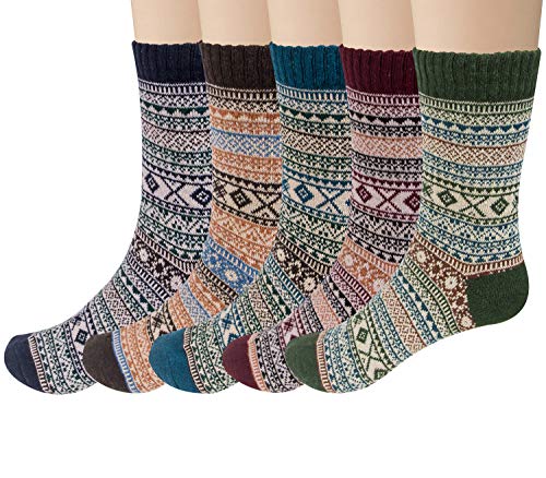 5 Pairs Womens Wool Socks Vintage Knit Thick Cozy Warm Winter Socks Gifts - - One Size