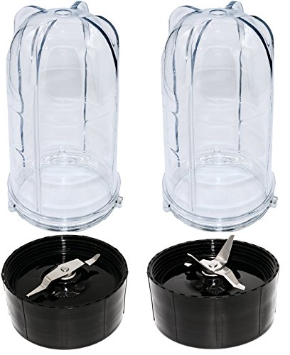 Blendin Replacement Tall Cups with Cross and Flat Blade Combo Compatible with Original Magic Bullet Blender Juicer 250W MB-1001 - Replacement Jar (2 Pack)