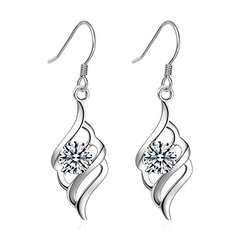 Elegant Lovely 925 Sterling Silver Angel Wing Dangle Drop Hook Earring with White AAAAA Cubic Zirconia Allergy Free Wedding Engagement Party Jewellery