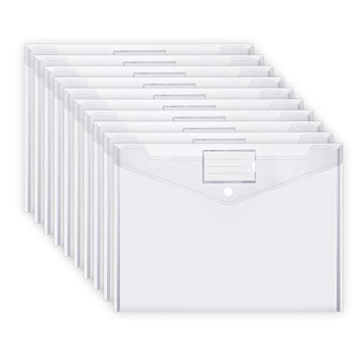 MILOLO Kunststoff-Umschläge, Dokumentenmappen, 10 Stück, DIN A4, weiße Dokumentenumschläge mit Etikettentaschen & Snap, transparente Umschläge für einfache Dokumente, Ordner und Büro-Umschläge, Archivieren und Suchen.
