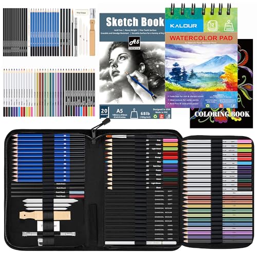 Kalour 76 Drawing Sketching Kit Set - Pro Art Supplies with Sketchbook & Watercolor Paper - Include Watercolor,Graphite,Colored,Metallic,Pastel,Charcoal Pencil - for Artists Beginners Adults Teens