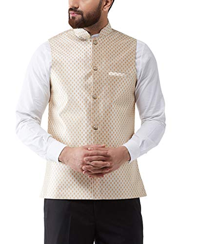 SOJANYA (Since 1958), Men's Silk Blend Self Design Nehru Jacket, Beige & Gold, XX-Large