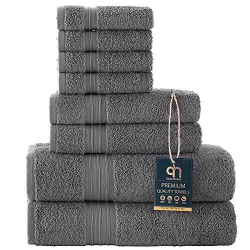 Qute Home Towel Set; 2 Bath Towels, 2 Hand Towels, and 4 Washcloths | Spa & Hotel Towels Quick Dry 100% Turkish Cotton Towel Sets for Bathroom, Shower Towel (Grey, Towel Set - Set of 8)