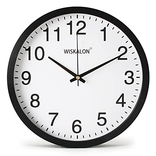 WISKALON 10 inch Wall Clock,Silent Non-Ticking Elegant Black Frame Wall Clock,Classic Digital Wall Clock with Glass,Battery Operated Round Wall Clock,Easy to Read Home/Office/School White Wall Clock