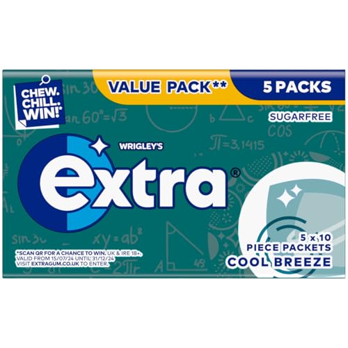 Extra Chewing Gum, Sugar Free, Cool Breeze Flavour, 5 x 10 Pieces