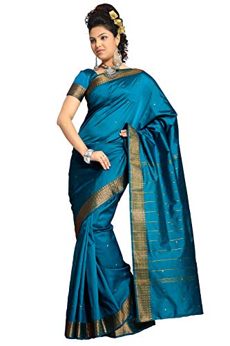 Sanskruti India Womens Indian Ethnic Traditional Banarasi Art Silk Saree Sari Wrap Fabric Dress Drape (Teal Blue)